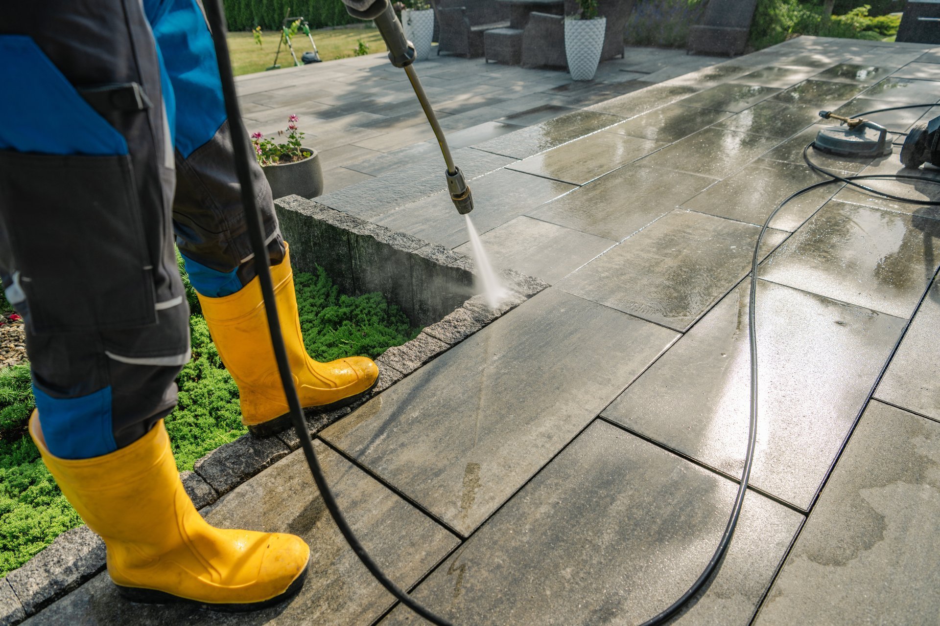 Call Brock Property Services — Property maintenance Sevierville, TN Pressure washing a patio for property maintenance in Sevierville, TN